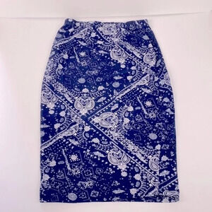 Paisley print navy mid rise  pull on pencil maximalist office skirt size medium